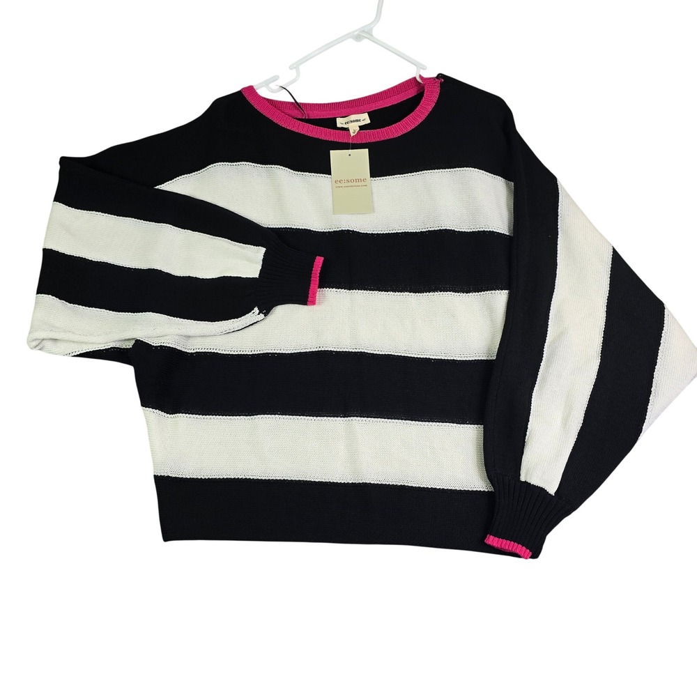 ee:some Striped Sweater Womens Large Black White Hot Pink Trim Knit Barbiecore